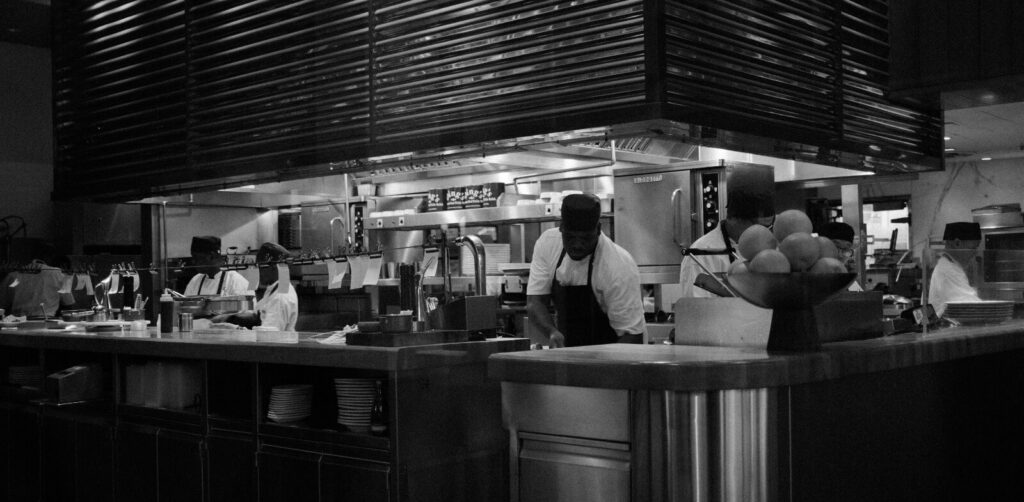 Restaurant kitchen during peak service